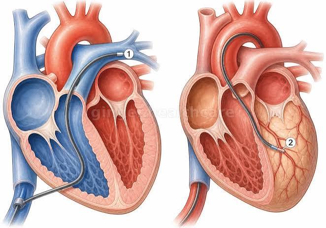 Illustration of a cardiac catheterization procedure threading a catheter through an artery to the heart