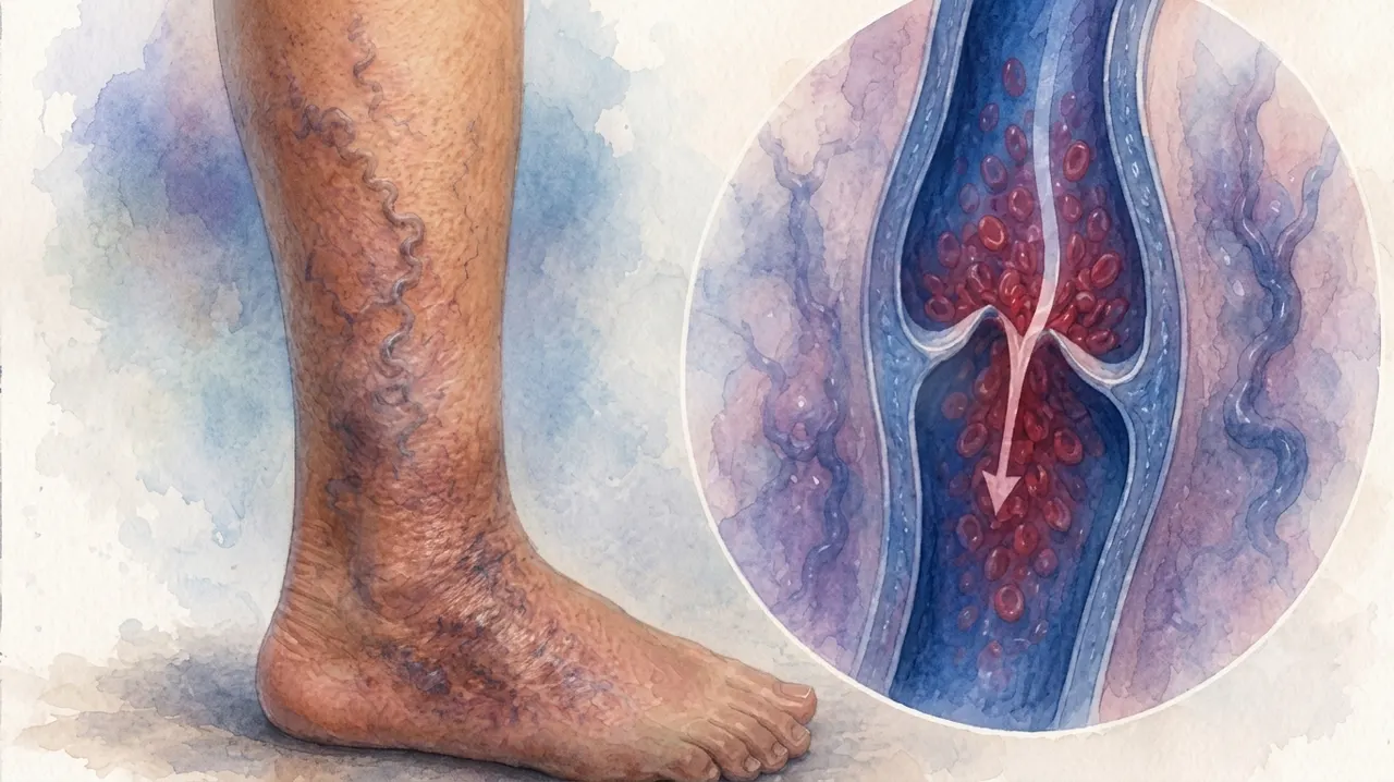 Diagram of chronic venous insufficiency (CVI) showing faulty vein valves and blood pooling in the lower leg
